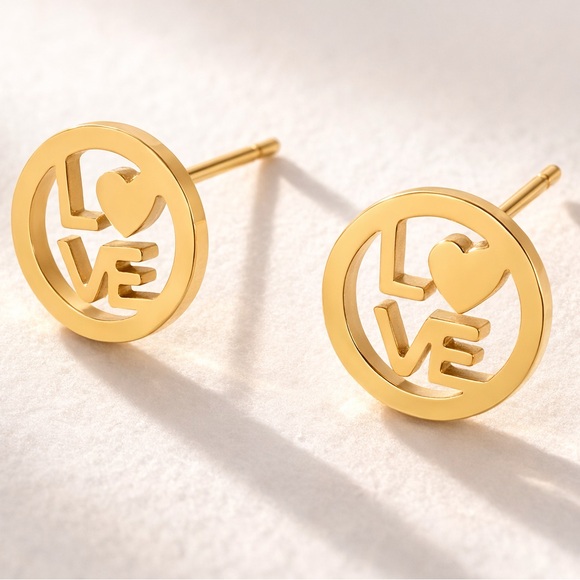 “LOVE” Letters Heart Gold Stainless Steel Cut-Out Circle Romance Mini Tiny Studs - Picture 2 of 11